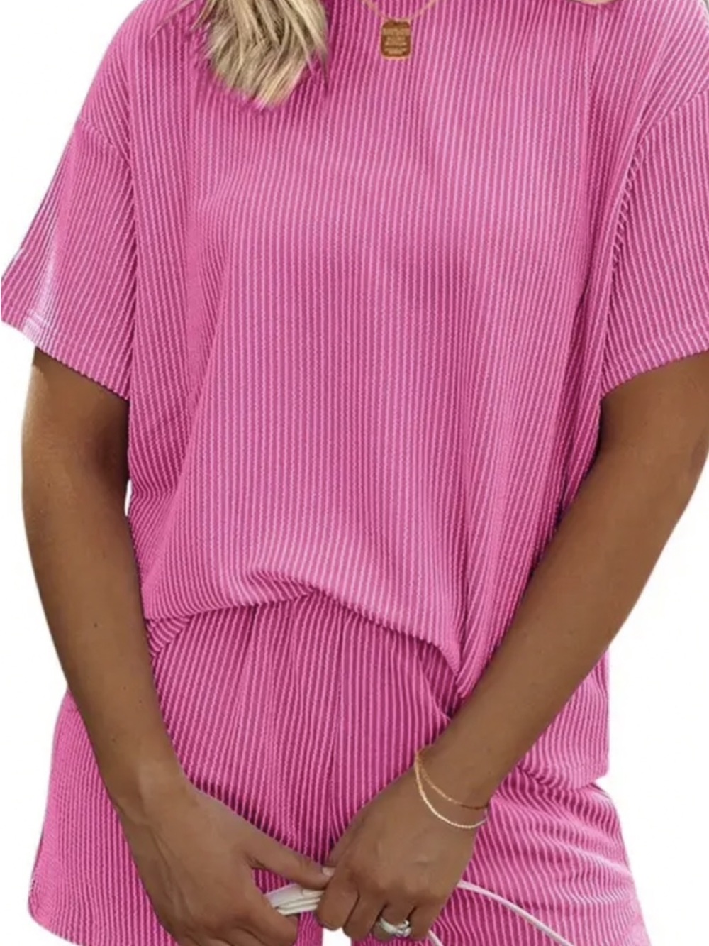 Cozy Ribbed Short Sleeve LoungewearTop and Bottom in Bright Pink